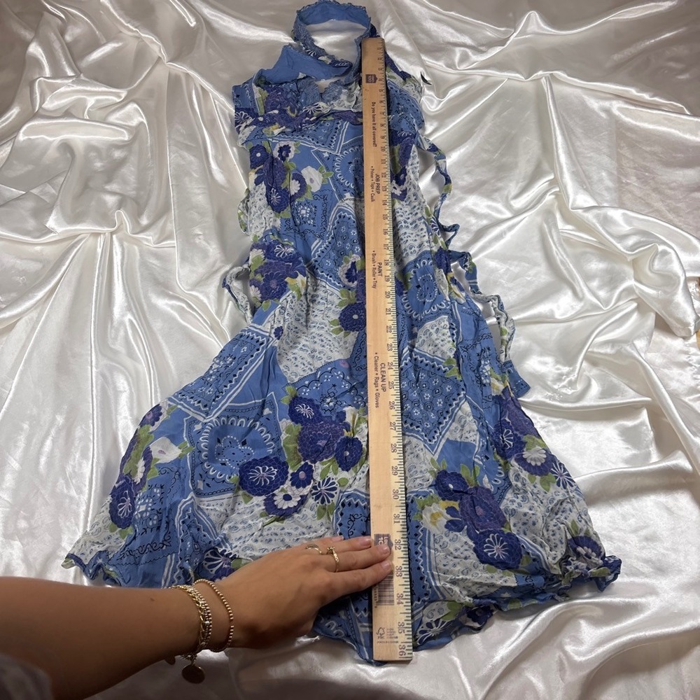 y2k Halter rayon Dress Blue Excellent Patchwork Floral Bandana Lace Trim Angie - Picture 7 of 7